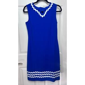 Nina Leonard Women's Sleeveless Blue Sheath Dress Size Small White Trim